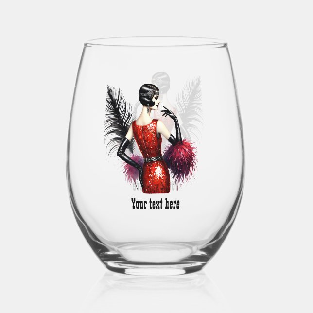Elegant Art Deco lady customisable  Stemless Wine Glass (Front)