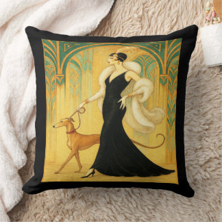 Elegant Art Deco Lady with Greyhound   Cushion