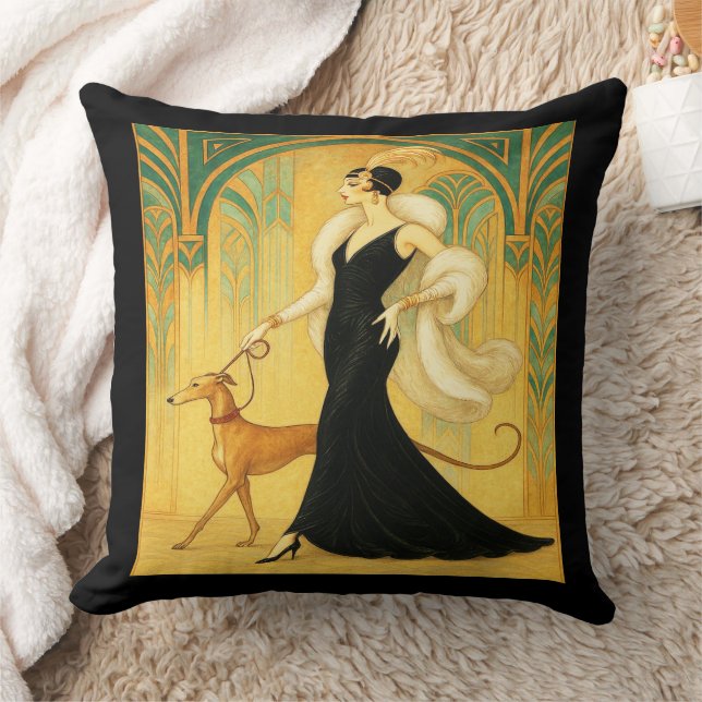 Elegant Art Deco Lady with Greyhound   Cushion (Blanket)