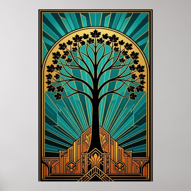 Elegant Art Deco Maple Tree Silhouette Gold Teal Poster (Front)