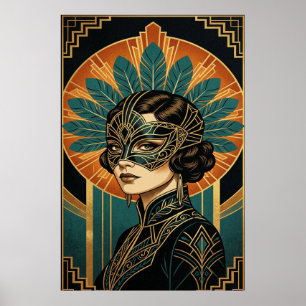 Elegant Art Deco Masquerade Woman Gold Teal Poster