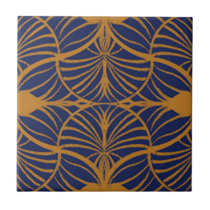 Elegant Art Deco Mustard & Cobalt Blue Scallops Ceramic Tile
