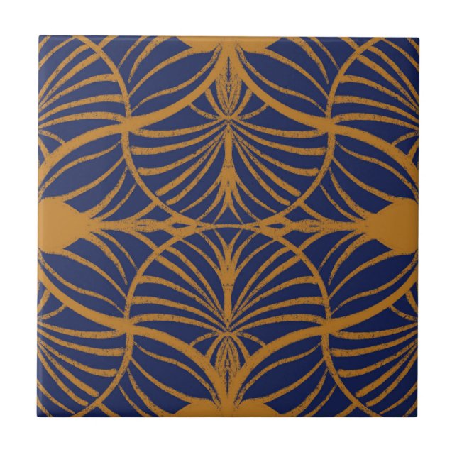 Elegant Art Deco Mustard & Cobalt Blue Scallops Ceramic Tile (Front)