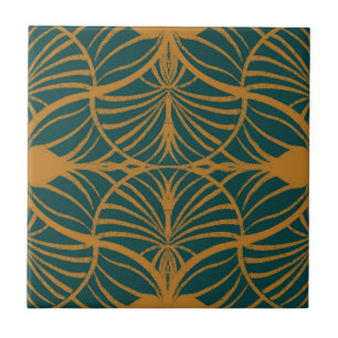 Elegant Art Deco Mustard & Teal Gouache Scallops Ceramic Tile