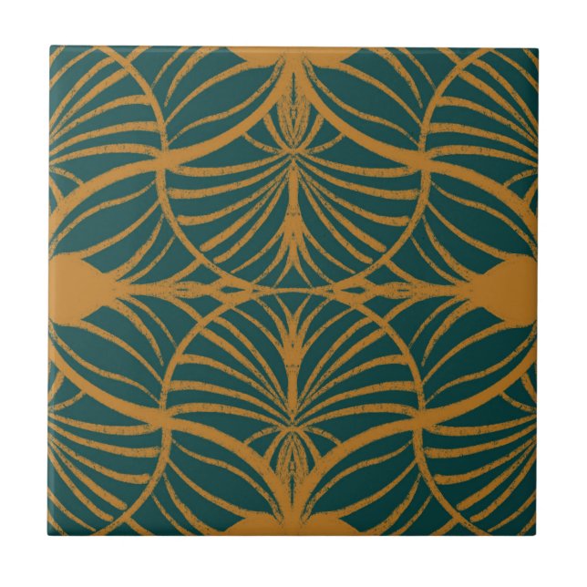 Elegant Art Deco Mustard & Teal Gouache Scallops Ceramic Tile (Front)