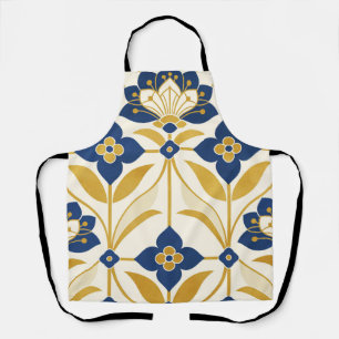 Elegant Art Deco Navy Blue & Gold Floral Pattern Apron