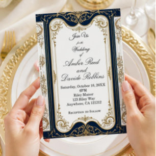 Elegant Art Deco Navy & Gold Wedding Invitation