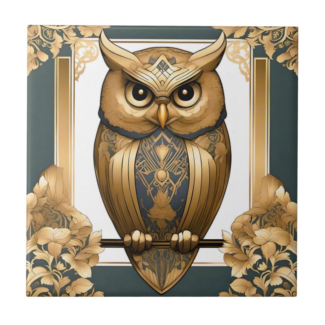 Elegant Art Deco Owl Ceramic Tile (Front)