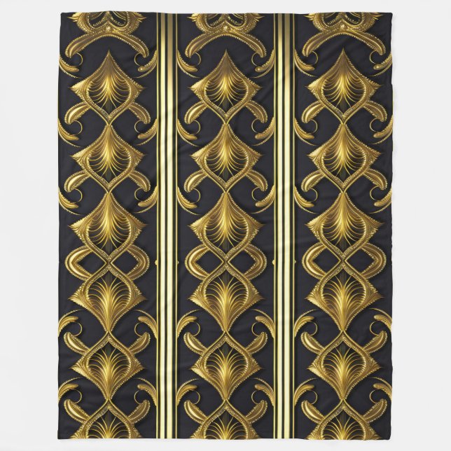 Elegant art deco pattern in black and gold fleece blanket (Front)