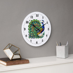 Elegant art deco peacock large clock