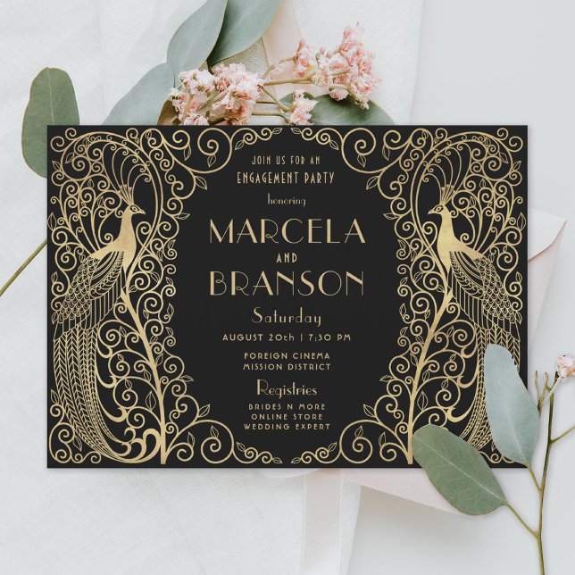 Elegant Art Deco Peacocks Gold Engagement Party Invitation (Creator Uploaded)
