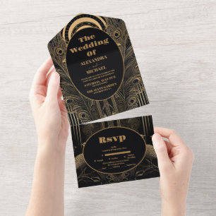 Elegant Art Deco Peacocks Wedding All In One Invitation