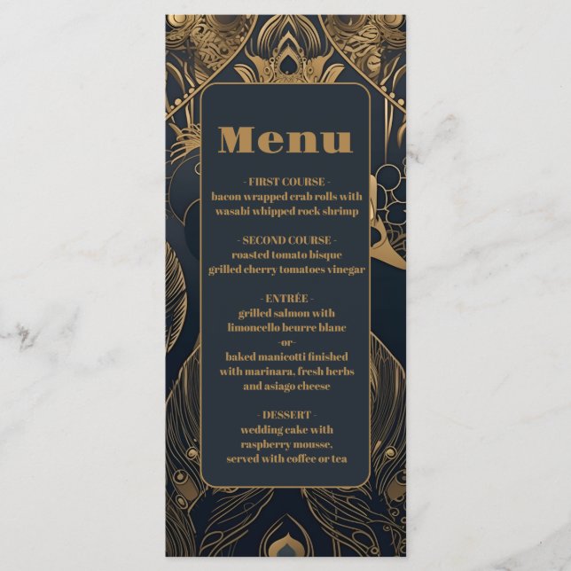Elegant Art Deco Peacocks Wedding Menu (Front)