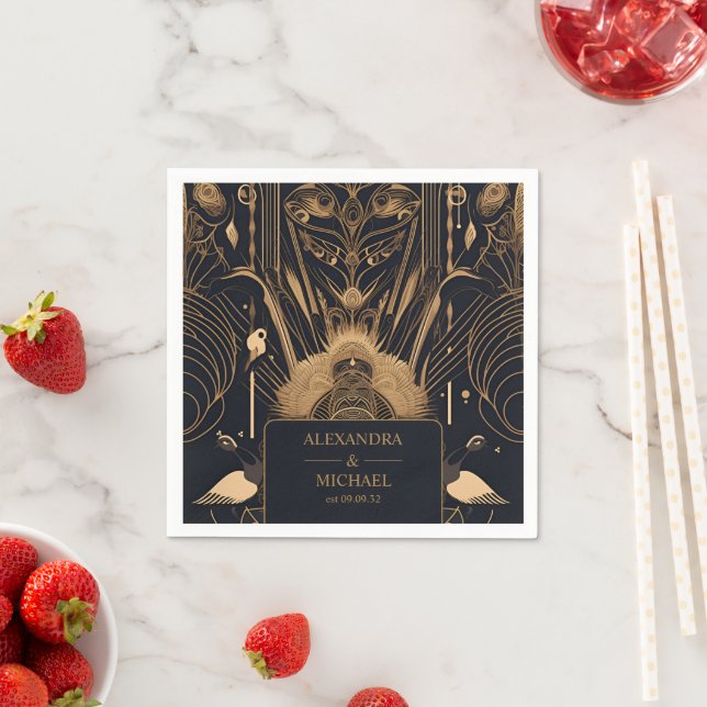 Elegant Art Deco Peacocks Wedding Napkin (Insitu)