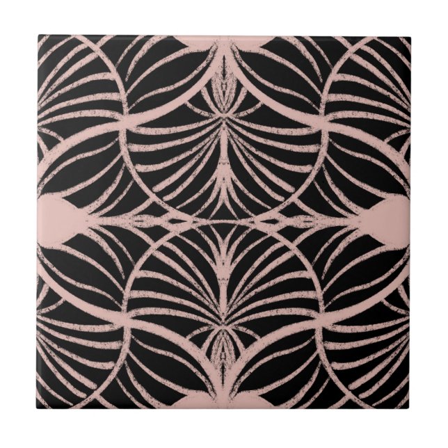 Elegant Art Deco Pink & Black Gouache Scallops Ceramic Tile (Front)