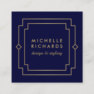 Elegant Art Deco Professional Navy/Gold Square Business Card