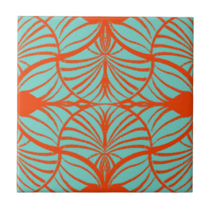 Elegant Art Deco Red & Turquoise Gouache Scallops Ceramic Tile