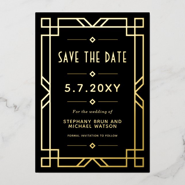 Elegant Art Deco Save the Date Black Gold Card (Front)