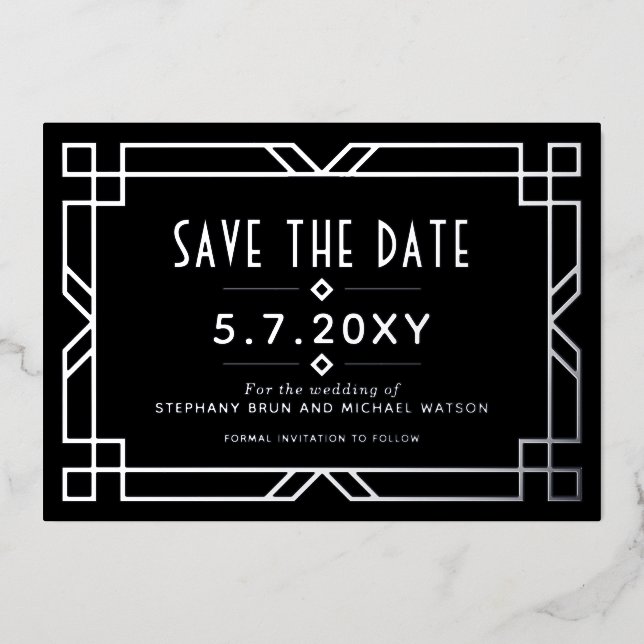 Elegant Art Deco Save the Date Black Silver Card (Front)
