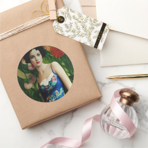 Elegant Art Deco Style Woman wth Large Flowers Art Classic Round Sticker