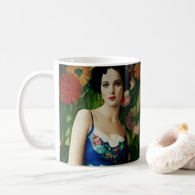 Elegant Art Deco Style Woman wth Large Flowers Art Coffee Mug (With Donut)