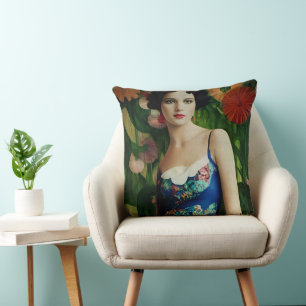 Elegant Art Deco Style Woman wth Large Flowers Art Cushion