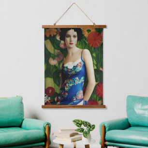 Elegant Art Deco Style Woman wth Large Flowers Art Hanging Tapestry