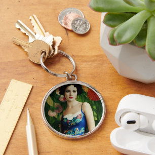 Elegant Art Deco Style Woman wth Large Flowers Art Key Ring