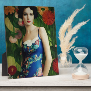 Elegant Art Deco Style Woman wth Large Flowers Art Plaque
