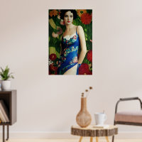 Elegant Art Deco Style Woman wth Large Flowers Art