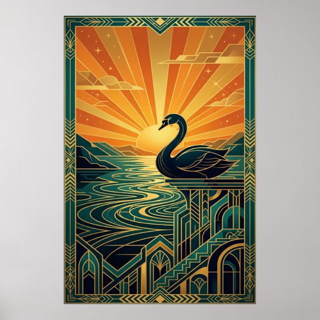 Elegant Art Deco Swan Sunset Lake Poster (Front)
