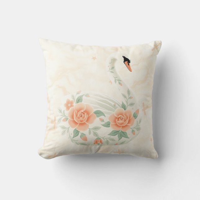 Elegant Art Deco Swan with Floral Patterns Cushion (Front)
