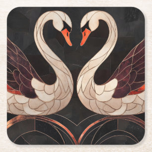 Elegant Art Deco Swans Forming a Heart Square Paper Coaster