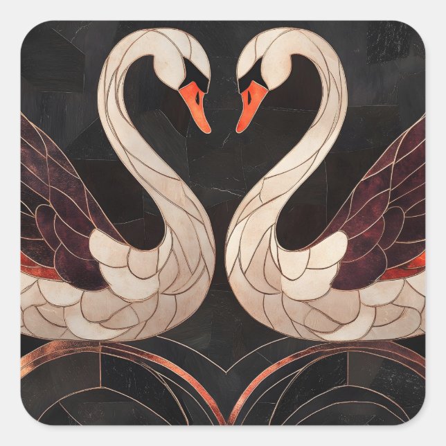 Elegant Art Deco Swans Forming a Heart Square Sticker (Front)
