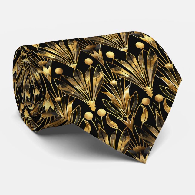 Elegant art deco tiled pattern black gold  tie (Rolled)
