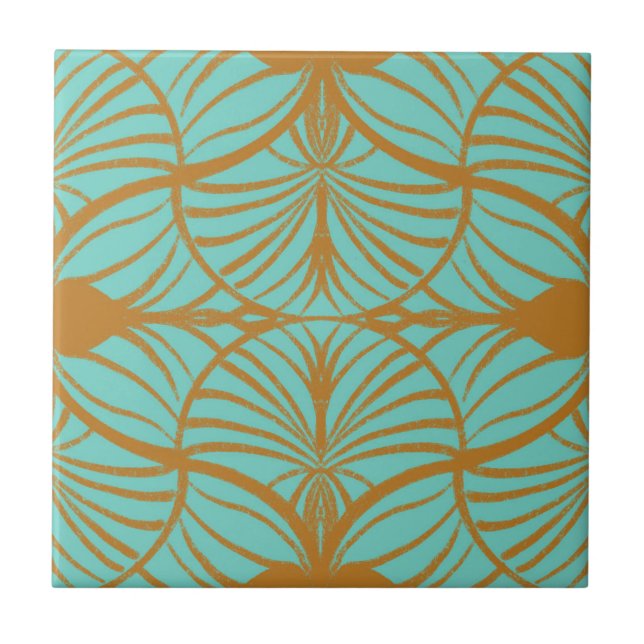 Elegant Art Deco Turquoise & Gold Gouache Scallops Ceramic Tile (Front)