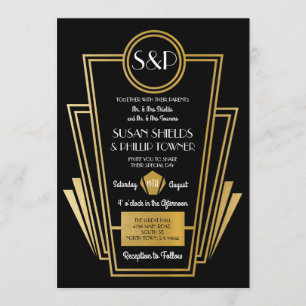 Elegant Art Deco Wedding Invitations Black Gold