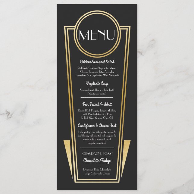 Elegant Art Deco Wedding Menu Gold Black Reception (Front)
