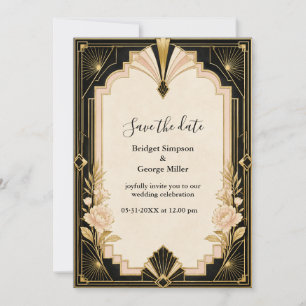 Elegant Art Deco Wedding with Peony Gold Invitation