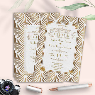 Elegant Art Deco White Gold Gatsby 20s Wedding Invitation