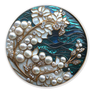 Elegant Art Deco White Pearls Diamonds Ceramic Knob