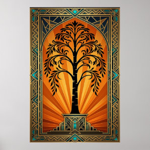 Elegant Art Deco Willow Tree Sunset Gold Poster