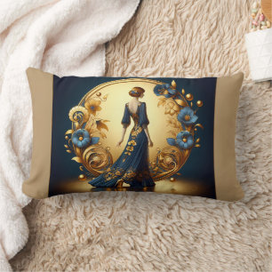 Elegant Art Deco Woman Gold and Blue Metal Print Lumbar Cushion