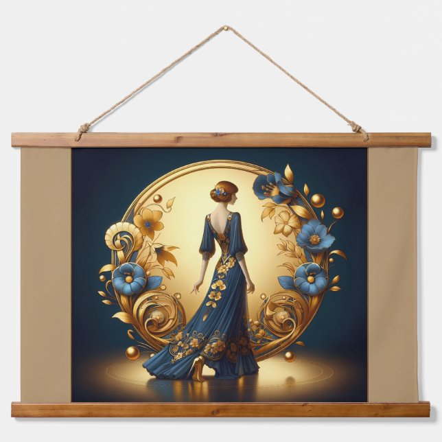 Elegant Art Deco Woman in Gold and Blue Hanging Tapestry (Front)