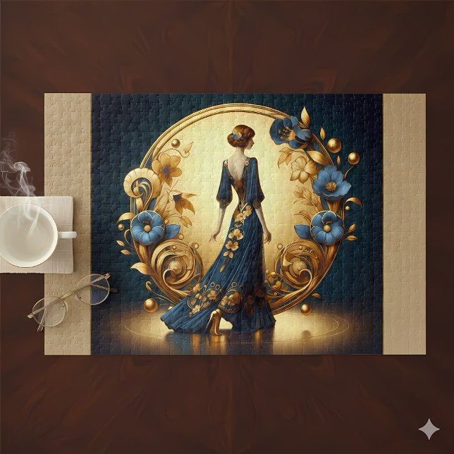 Elegant Art Deco Woman in Gold and Blue Jigsaw Puzzle (Elegant Art Deco Woman in Gold and Blue Jigsaw Puzzle Mockup A)