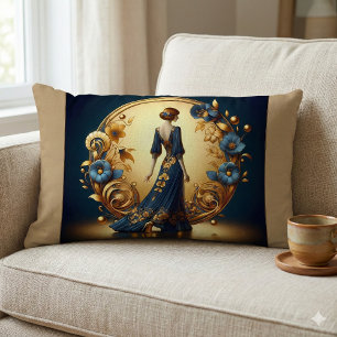 Elegant Art Deco Woman in Gold and Blue Lumbar Cushion