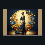 Elegant Art Deco Woman in Gold and Blue Metal Prin<br><div class="desc">This stunning art deco illustration captures the timeless elegance of a poised woman in a flowing navy-blue gown adorned with intricate gold floral embellishments. Framed by a luxurious golden arch with ornate decorative patterns and delicate blue and gold flowers, the composition exudes sophistication and vintage glamour. The harmonious blend of...</div>