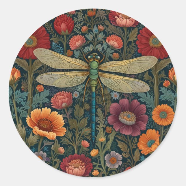 Elegant art nouveau Autumn floral Dragonfly Classic Round Sticker (Front)