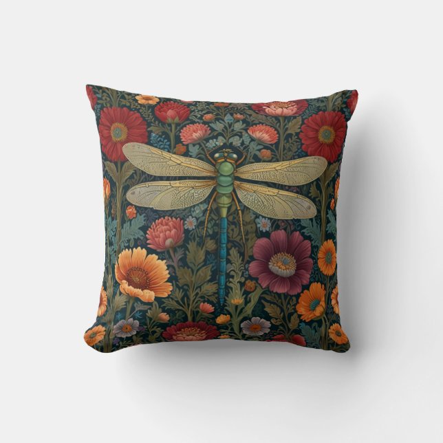 Elegant art nouveau Autumn floral Dragonfly Cushion (Front)