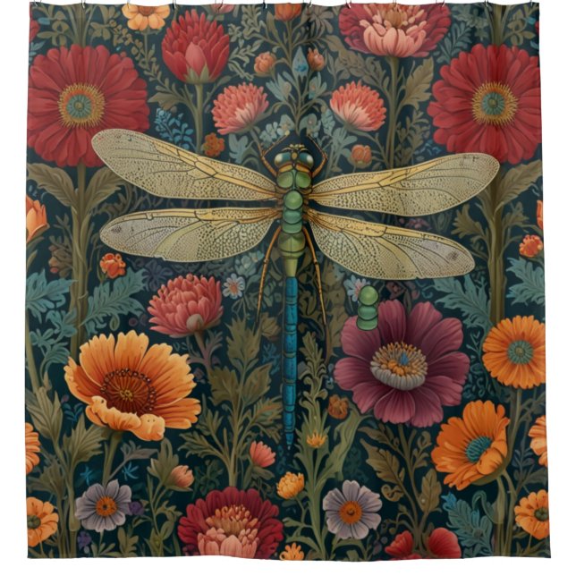 Elegant art nouveau Autumn floral Dragonfly Shower Curtain (Front)
